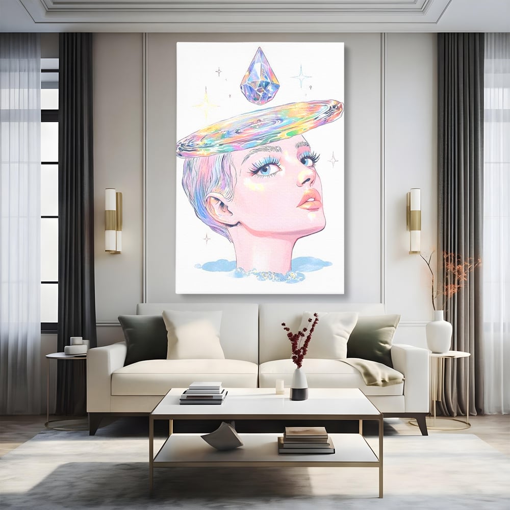 Tablou canvas cu ilustratie cu portret de femeie si galaxie, fara rama, pe sasiu de lemn, pe perete intr-un living